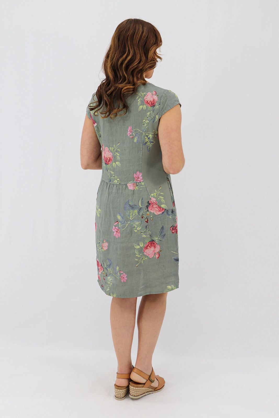 Aida Rose Linen The Midi Dress - Rose Garden Khaki Back