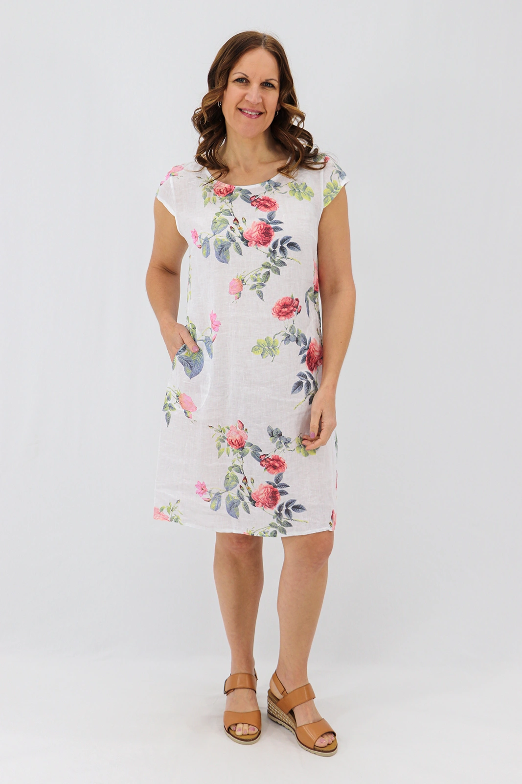 Aida Rose Linen The Midi Dress - Rose Garden White Front