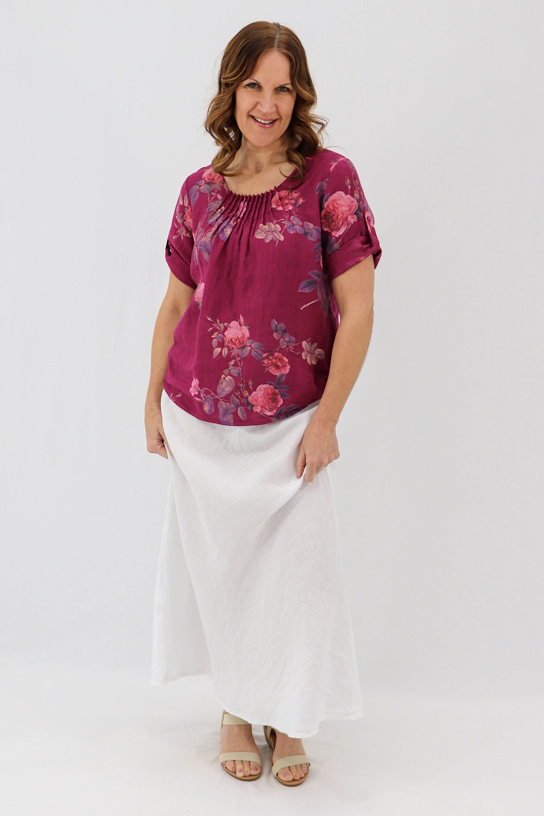 Aida Rose Linen Rolled Sleeve Top Rose Garden Berry Front