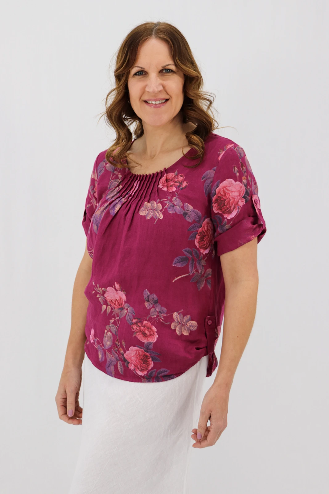 Aida Rose Linen Rolled Sleeve Top Rose Garden Berry Side