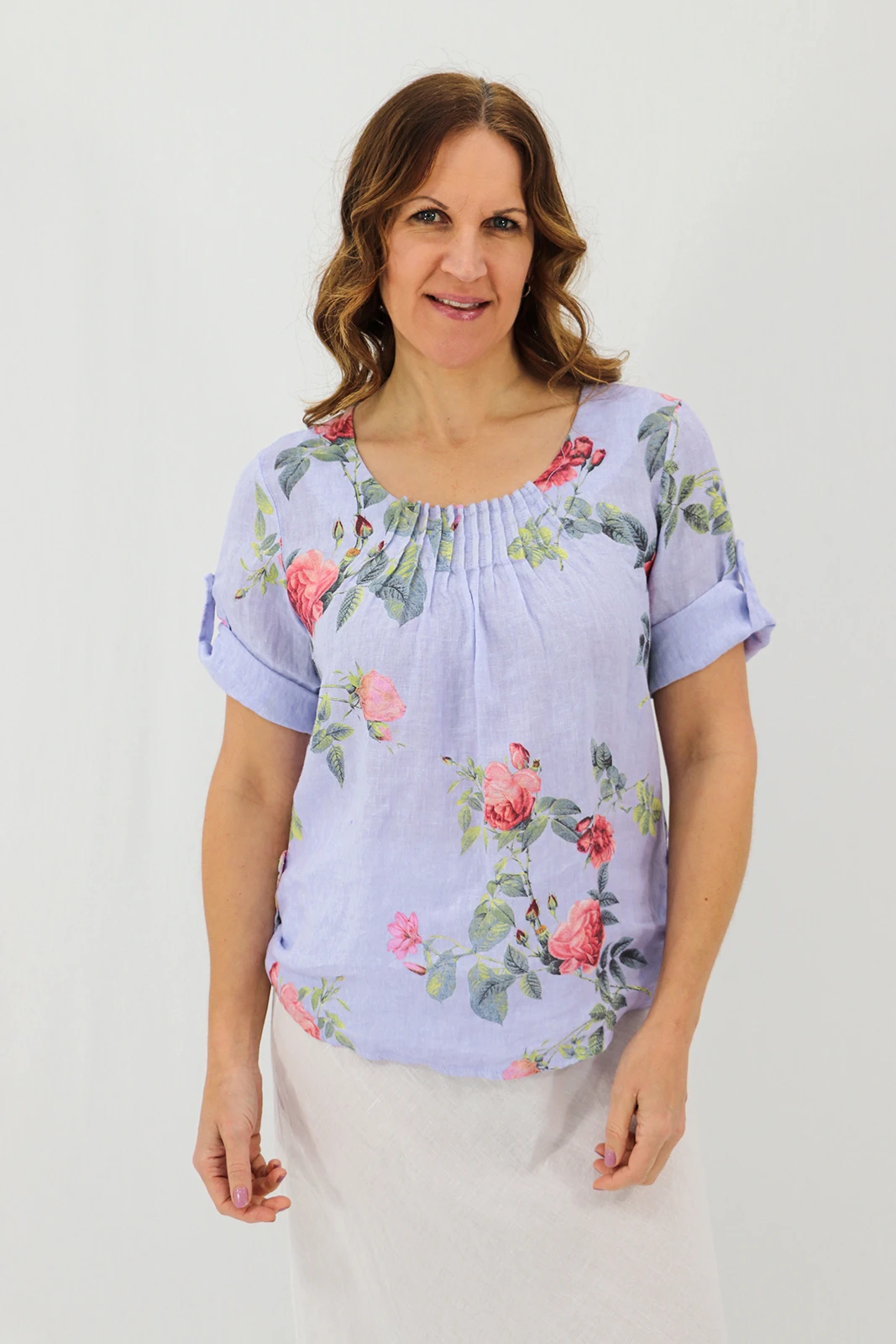 Aida Rose Linen Rolled Sleeve Top Rose Garden Periwinkle