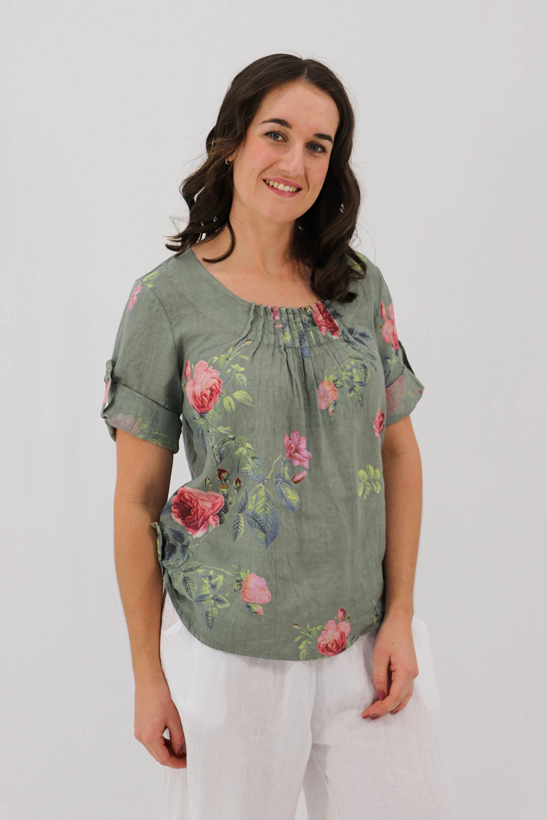 Aida Rose Linen Rolled Sleeve Top Rose Garden Khaki