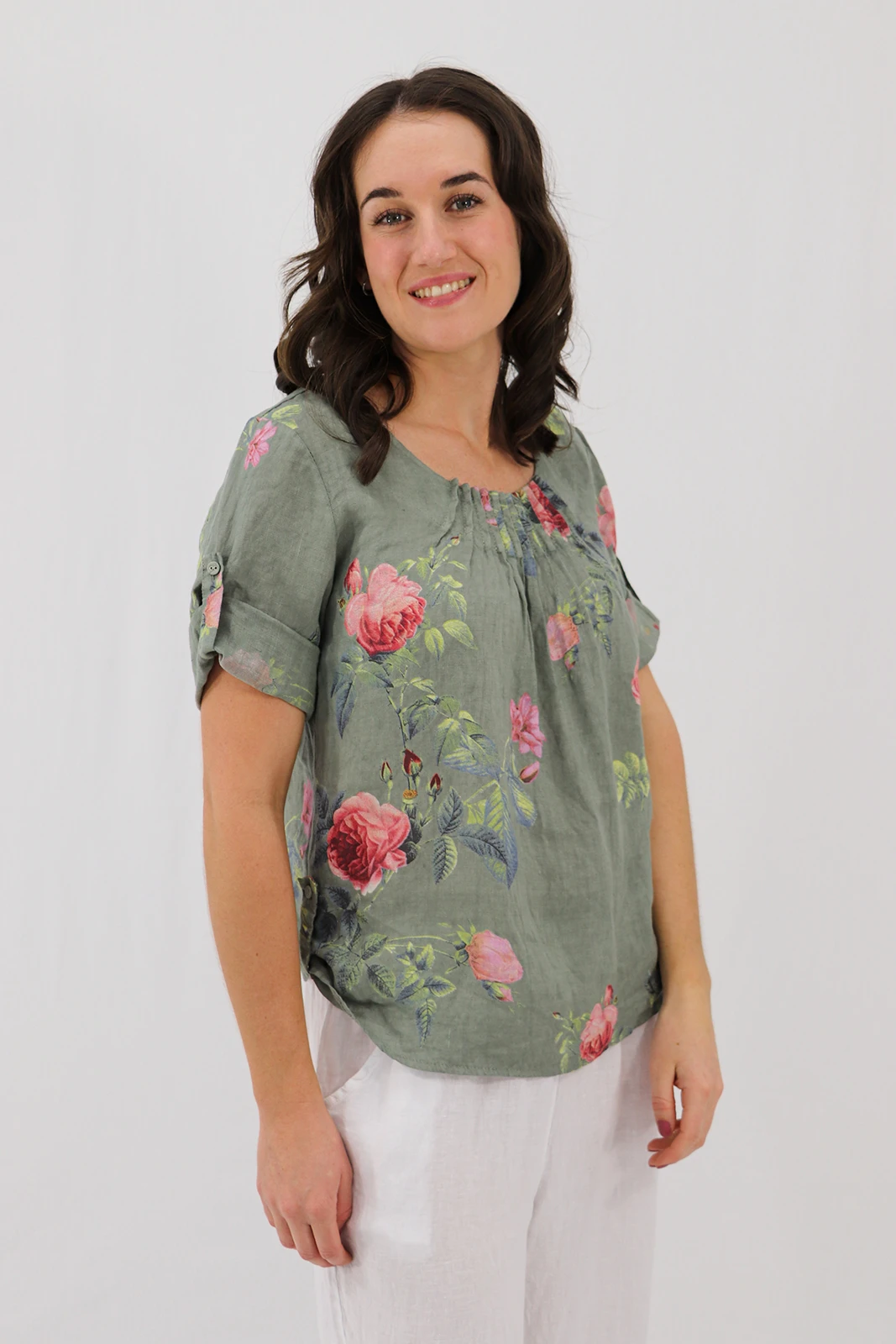 Aida Rose Linen Rolled Sleeve Top Rose Garden Khaki Side