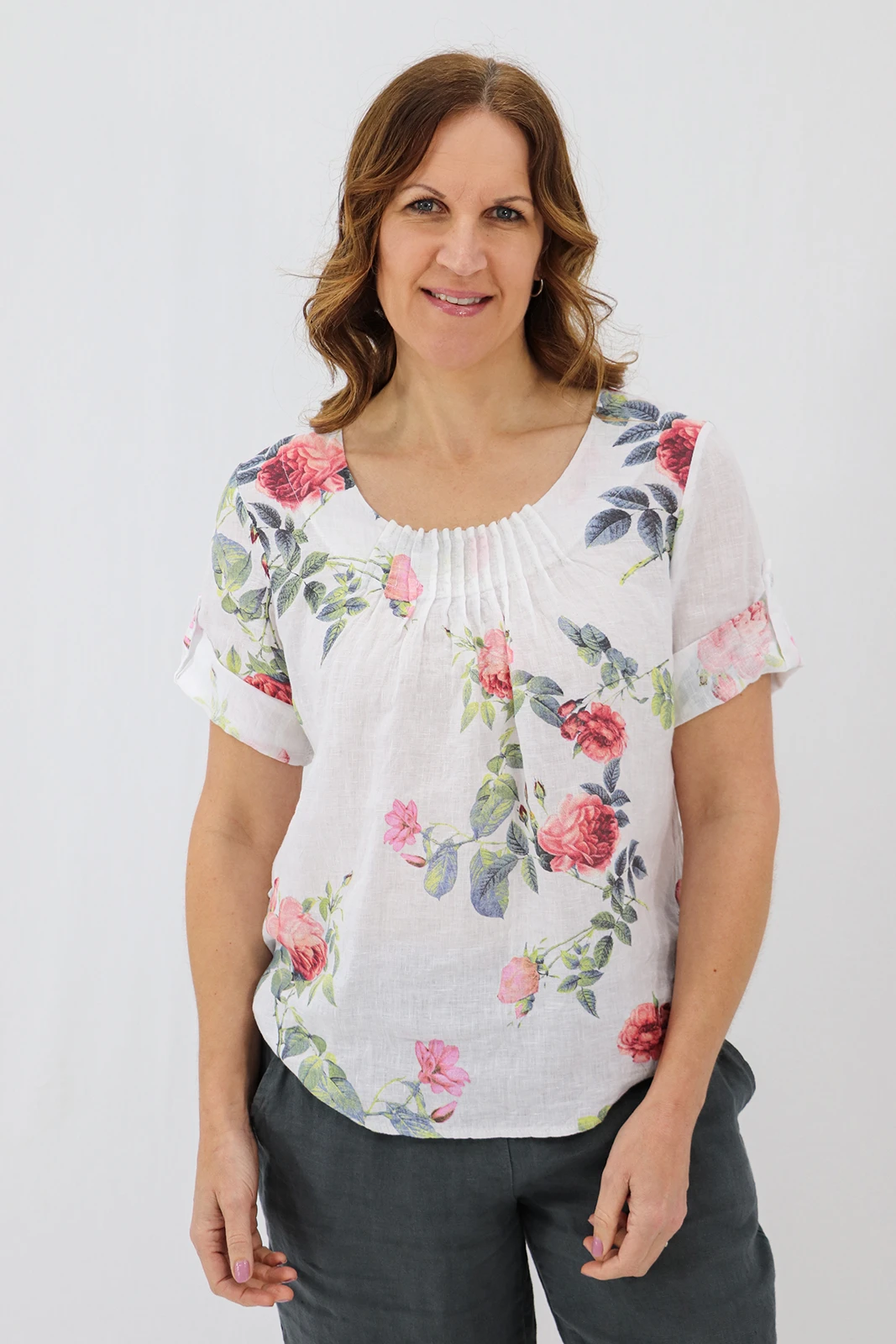 Aida Rose Linen Rolled Sleeve Top Rose Garden White