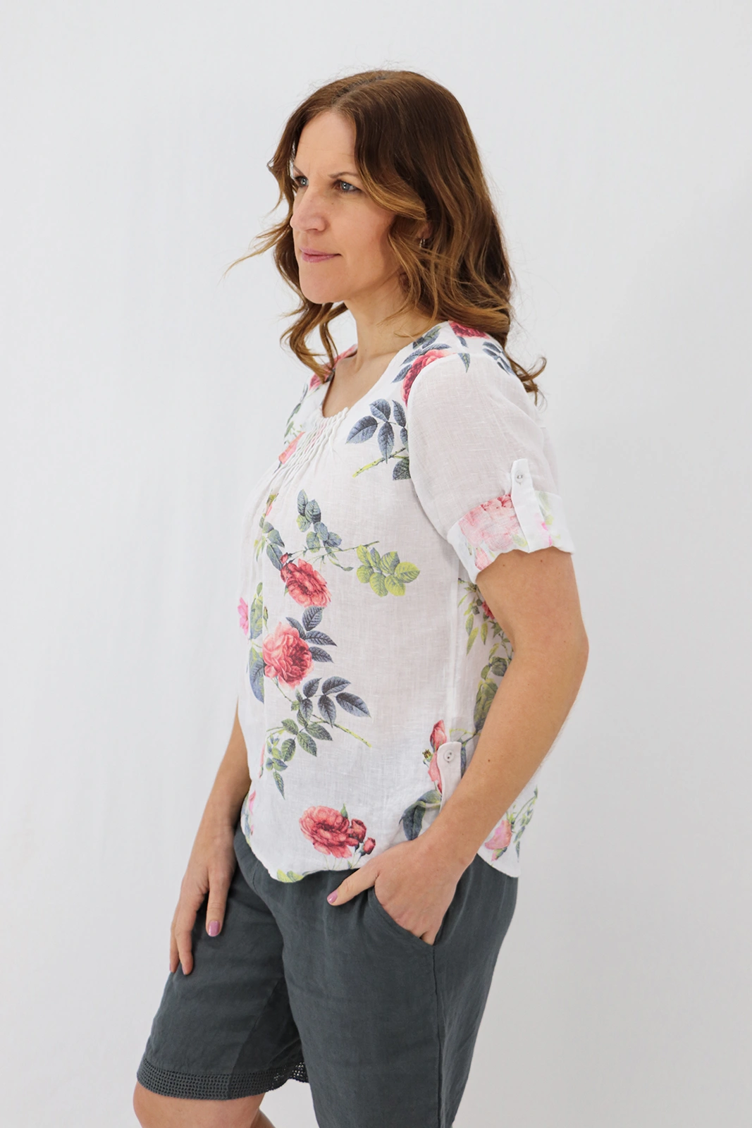 Aida Rose Linen Rolled Sleeve Top Rose Garden White Right Side