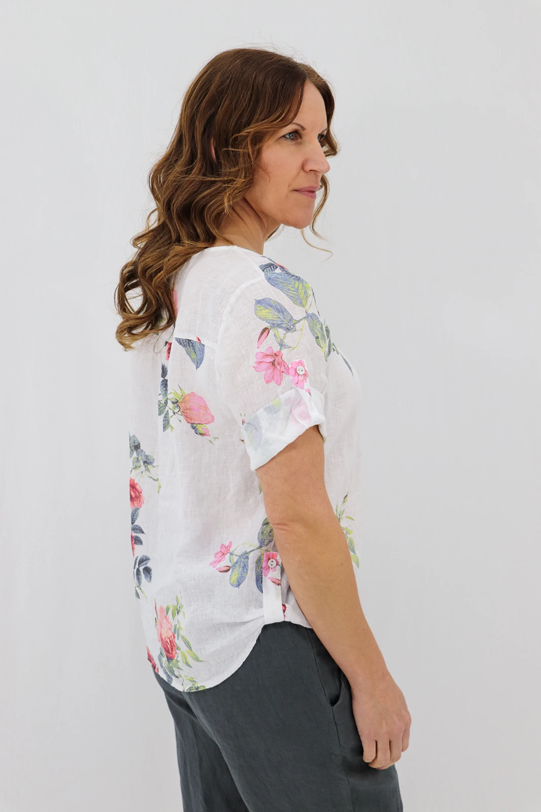Aida Rose Linen Rolled Sleeve Top Rose Garden White Side