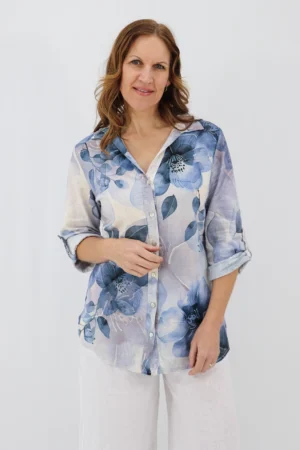 Aida Rose Linen Classic Shirt - Fading Florals Front Zoom
