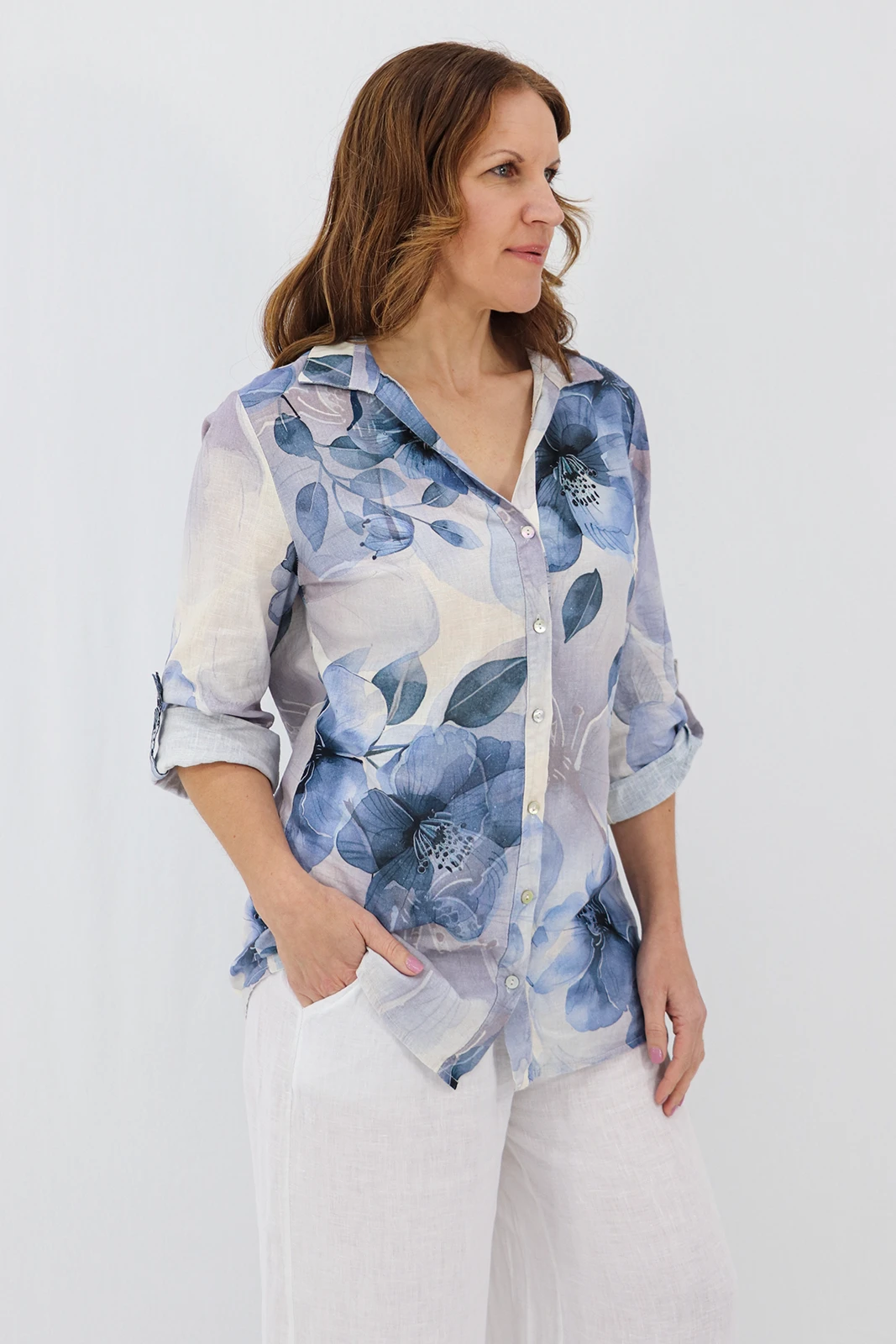 Aida Rose Linen Classic Shirt - Fading Florals Side